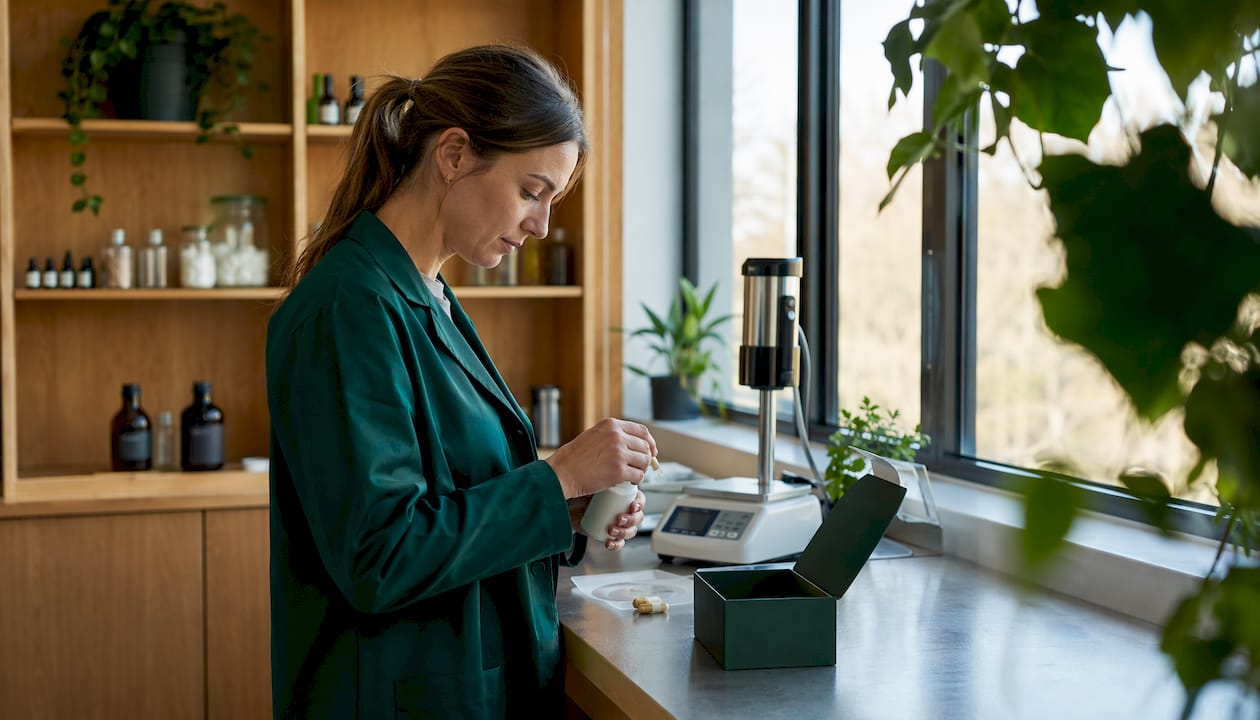 Personaliserade kosttillskott packas noggrant för hand i laboratoriemiljö.