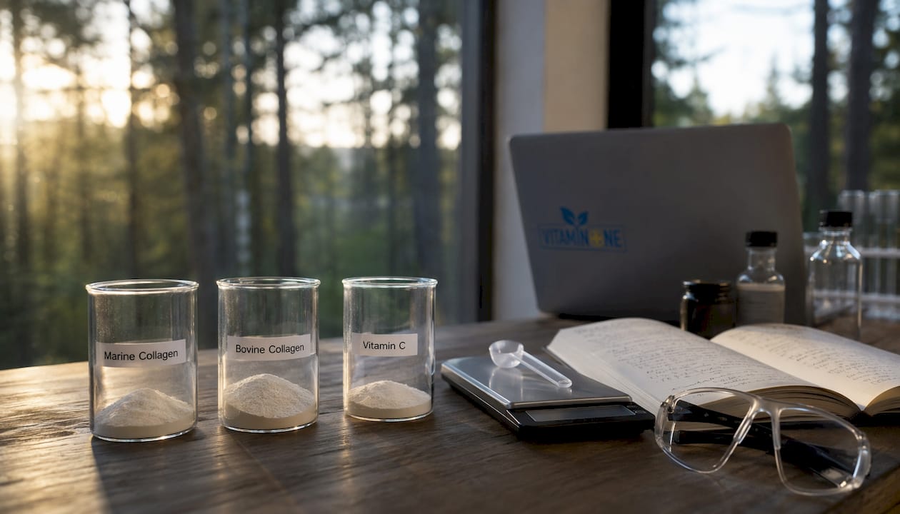 Ett laboratoriebord med olika typer av kollagen och prover med C-vitamin.