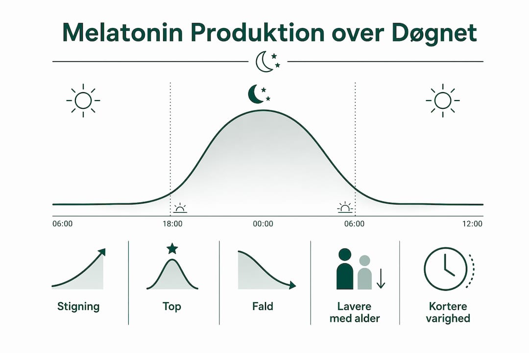 Infografik: Sådan svinger melatoninniveauet i løbet af døgnet – og sådan ændrer det sig med alderen
