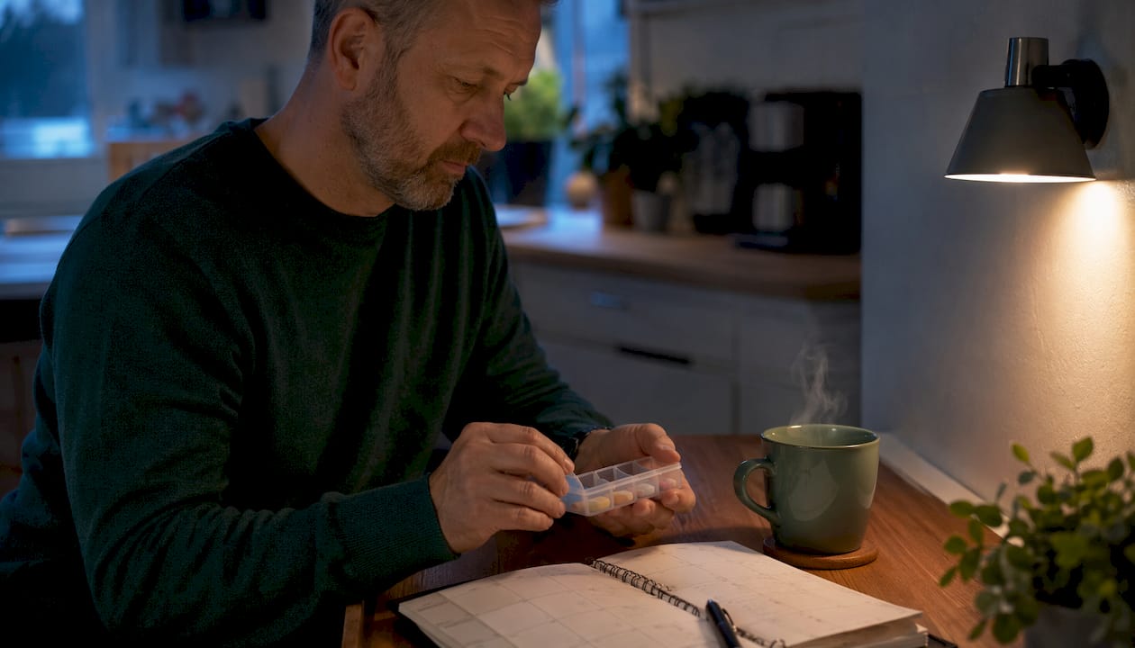 Händer som håller i en dosett och ett glas vatten