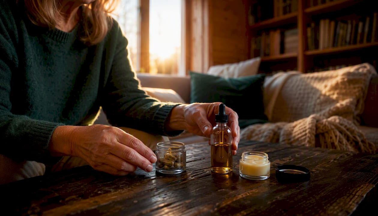 En äldre kvinna håller i CBD-produkter med sina händer