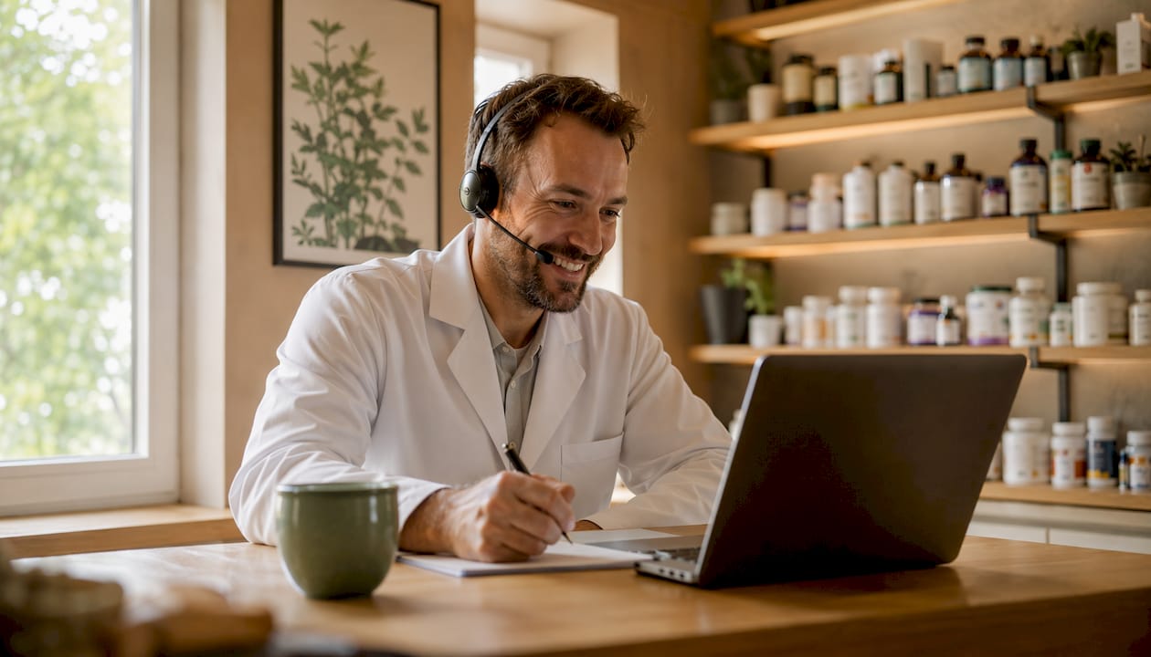 En farmaceut sidder ved sit skrivebord med headset på og hjælper kunder over telefonen.
