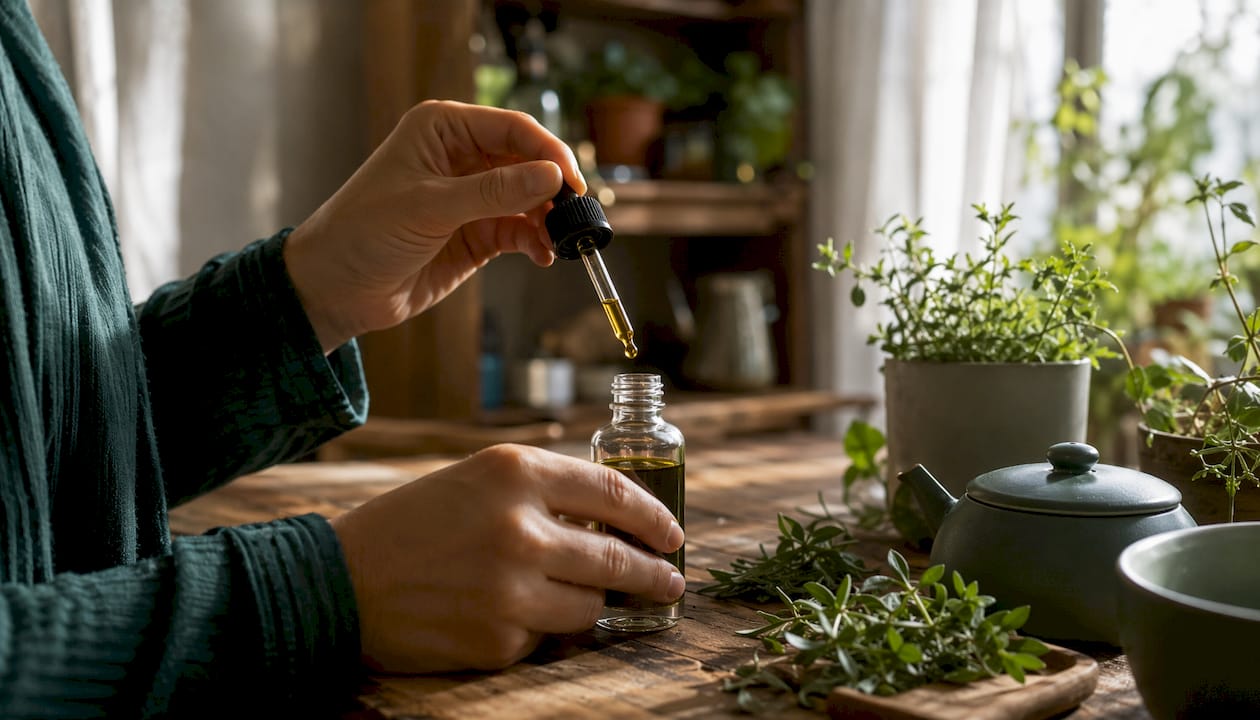 Hænder, der holder en pipette med CBD-olie, set tæt på