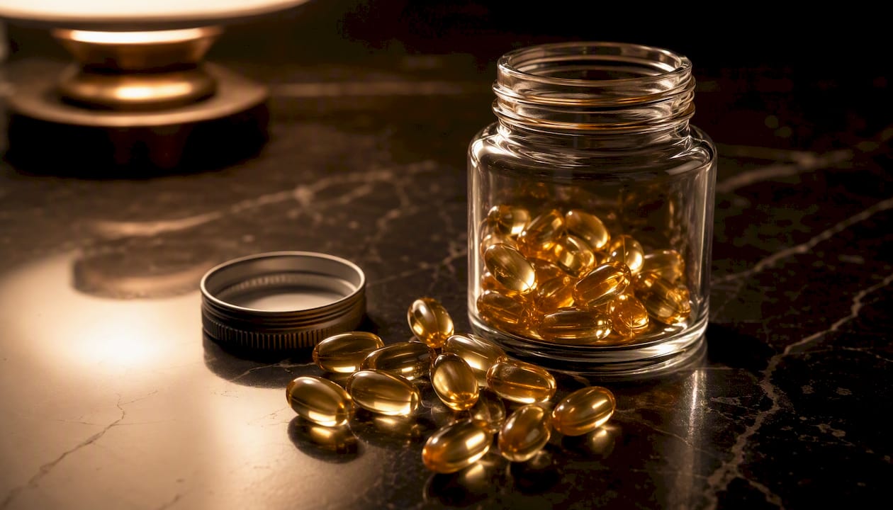 Detaljbild på exklusiva omega-3-kapslar och tillhörande flaska