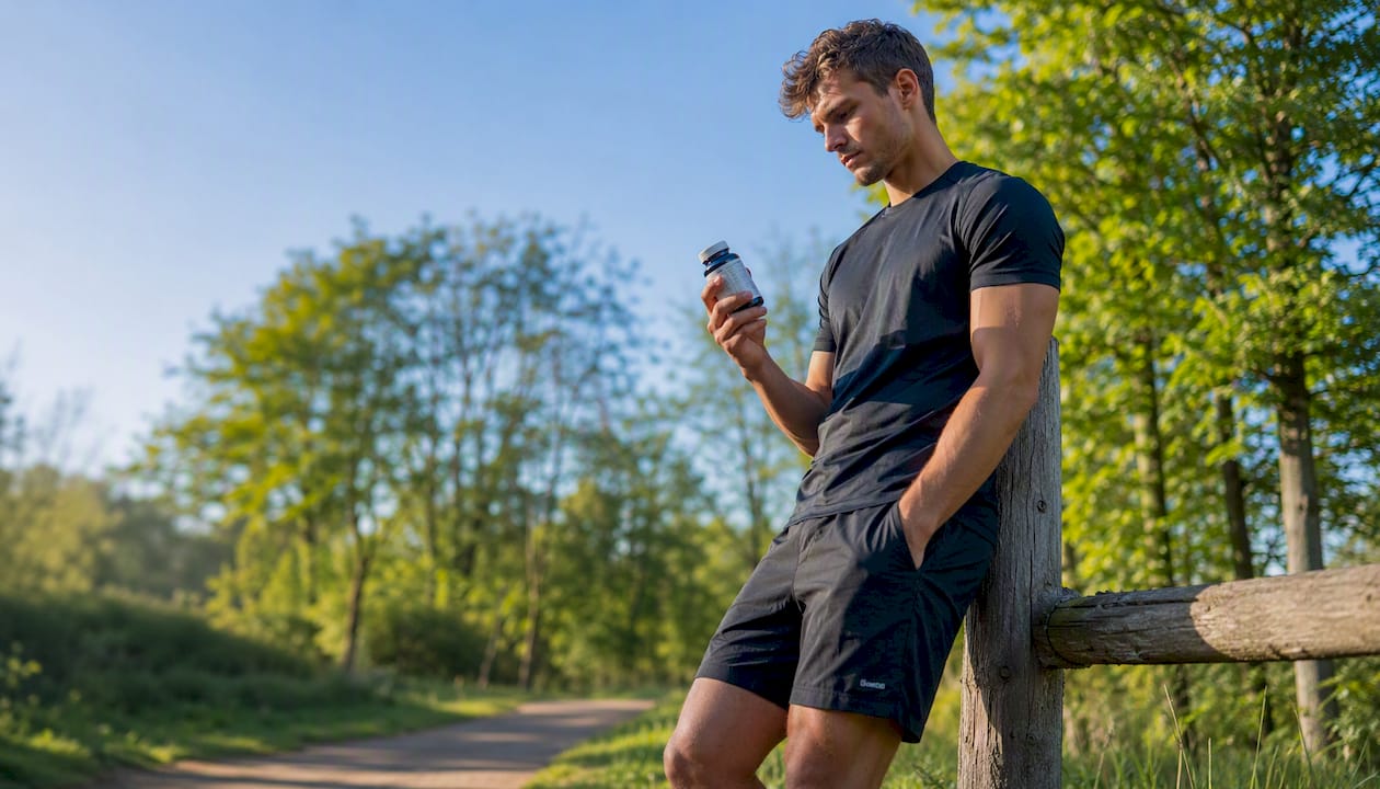 En idrottare sitter på en parkbänk och kollar igenom sitt vitamintillskott utomhus.