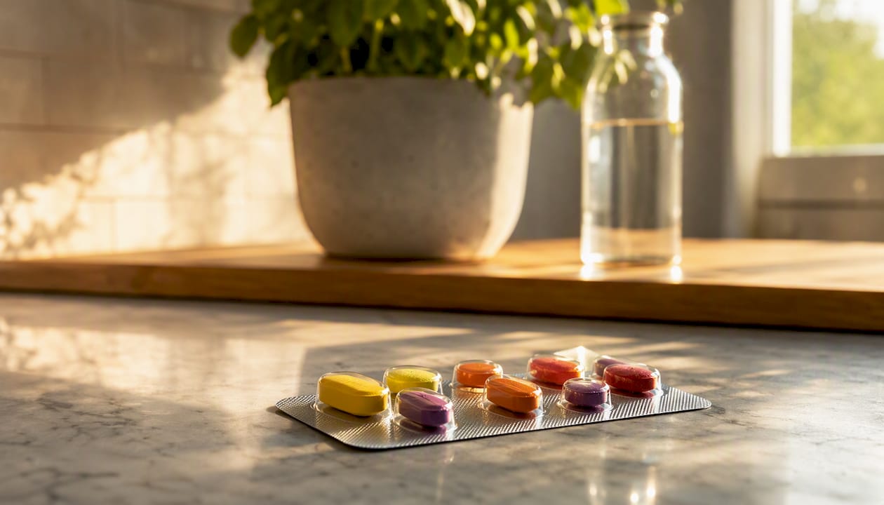 Närbild på olika multivitamintabletter i sina blisterförpackningar