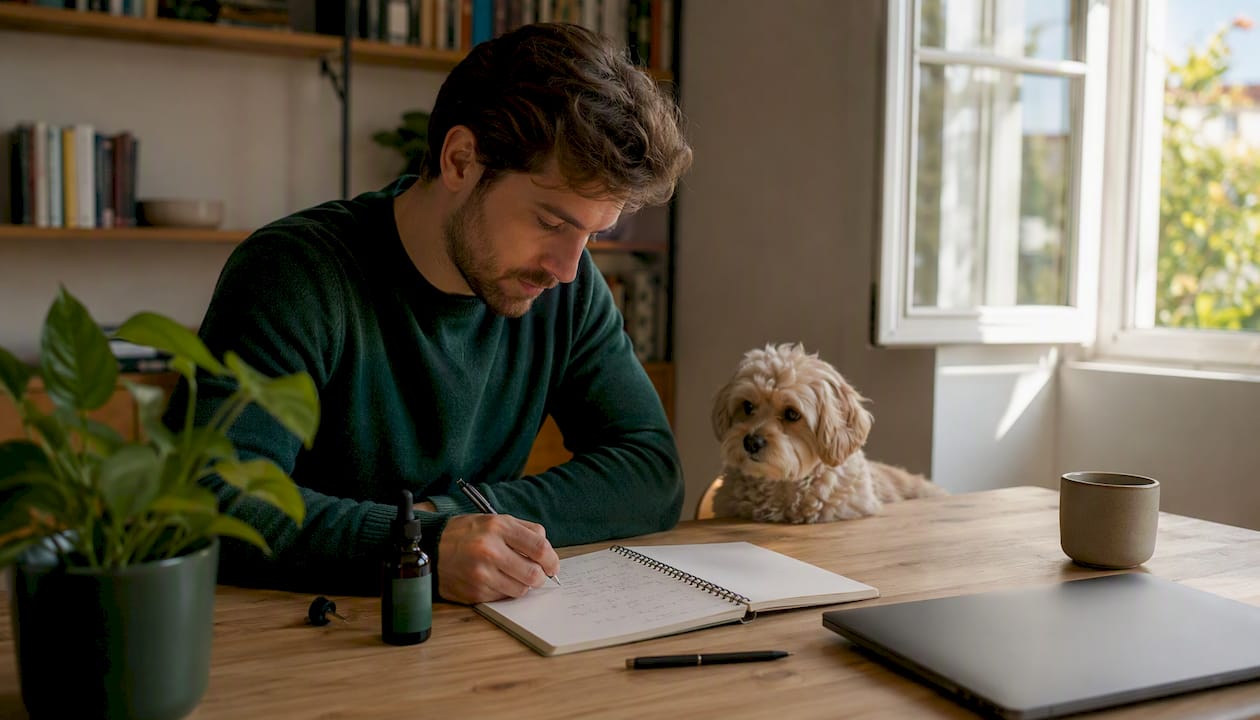 En person sidder ved køkkenbordet og regner ud, hvor meget CBD deres hund skal have.