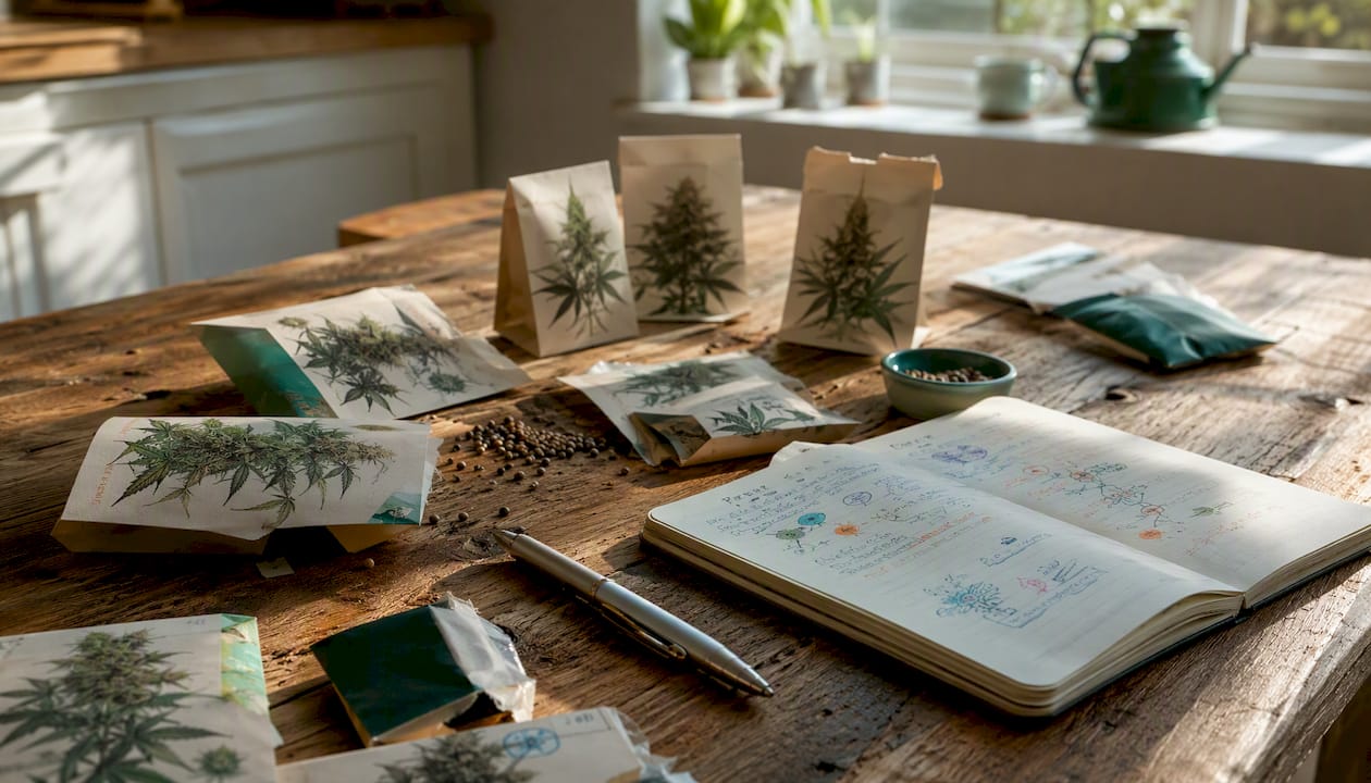 Nærbillede af poser med cannabisfrø og håndskrevne noter