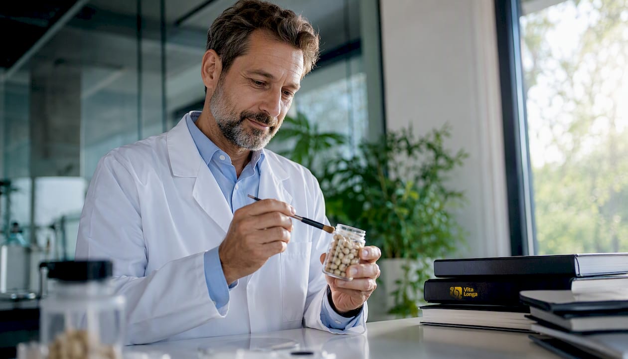 Fagkyndig undersøger NMN-kapsler på laboratoriet
