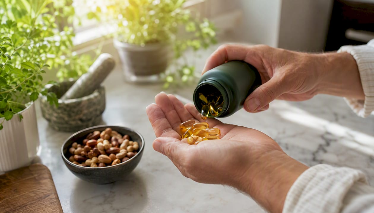 Hænder, der åbner et glas med omega-3 kapsler