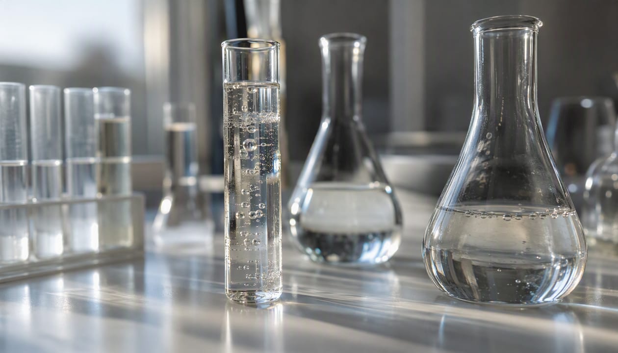 Reagensglas står opstillet på laboratoriebænken
