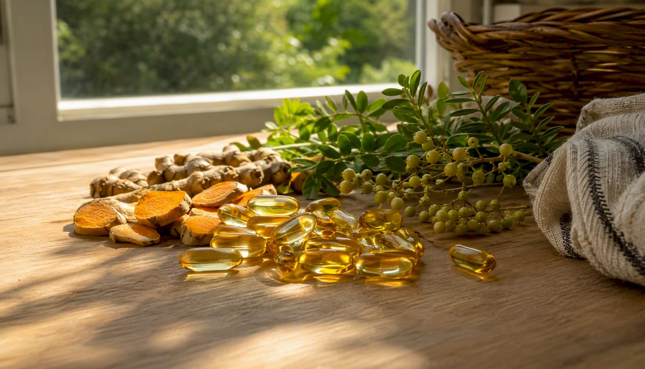 Omega-3-kapslar berikade med färska, antiinflammatoriska örter