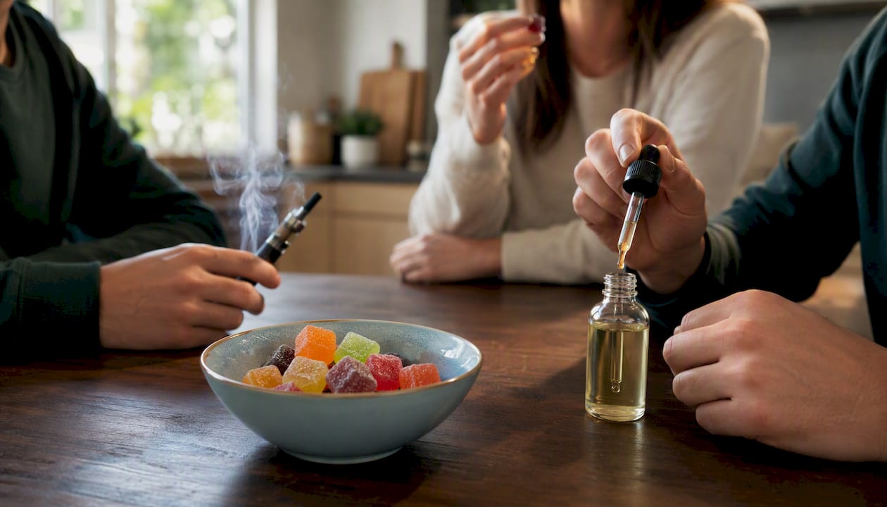Olika sätt att konsumera cannabis uppställda på köksbänken