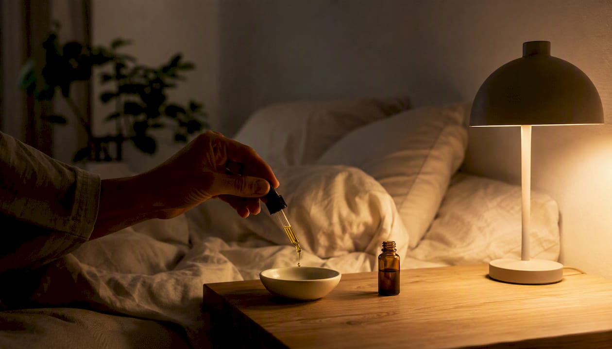 En hånd drypper CBD-olie under tungen før sengetid for at få en bedre nattesøvn.