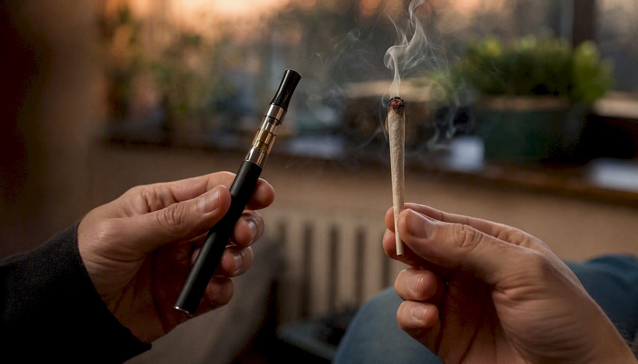Två händer håller i en joint och en vape, medan röken slingrar sig upp i luften.