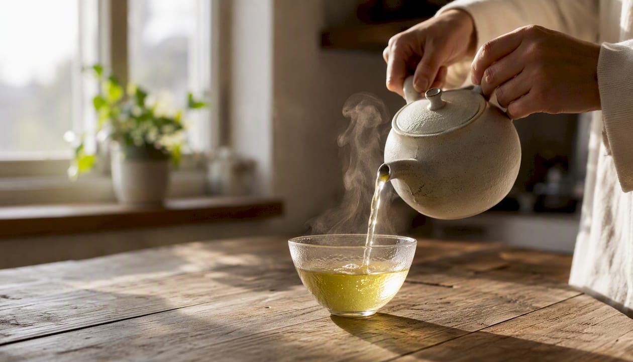 Att hälla upp te som en bild av hur L-teanin och koffein samverkar