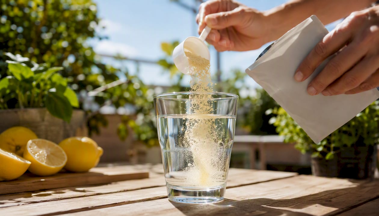 En ske med C-vitaminpulver ligger ved siden af friske citrusfrugter på et træbord.
