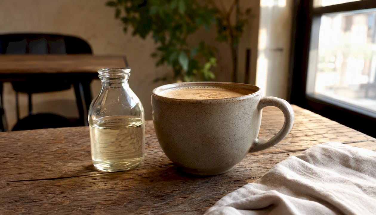 En kop kaffe med smør og MCT-olie står klar på bordet.