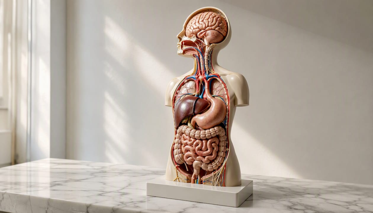 Anatomisk modell som visar matsmältningssystemet och hjärnan