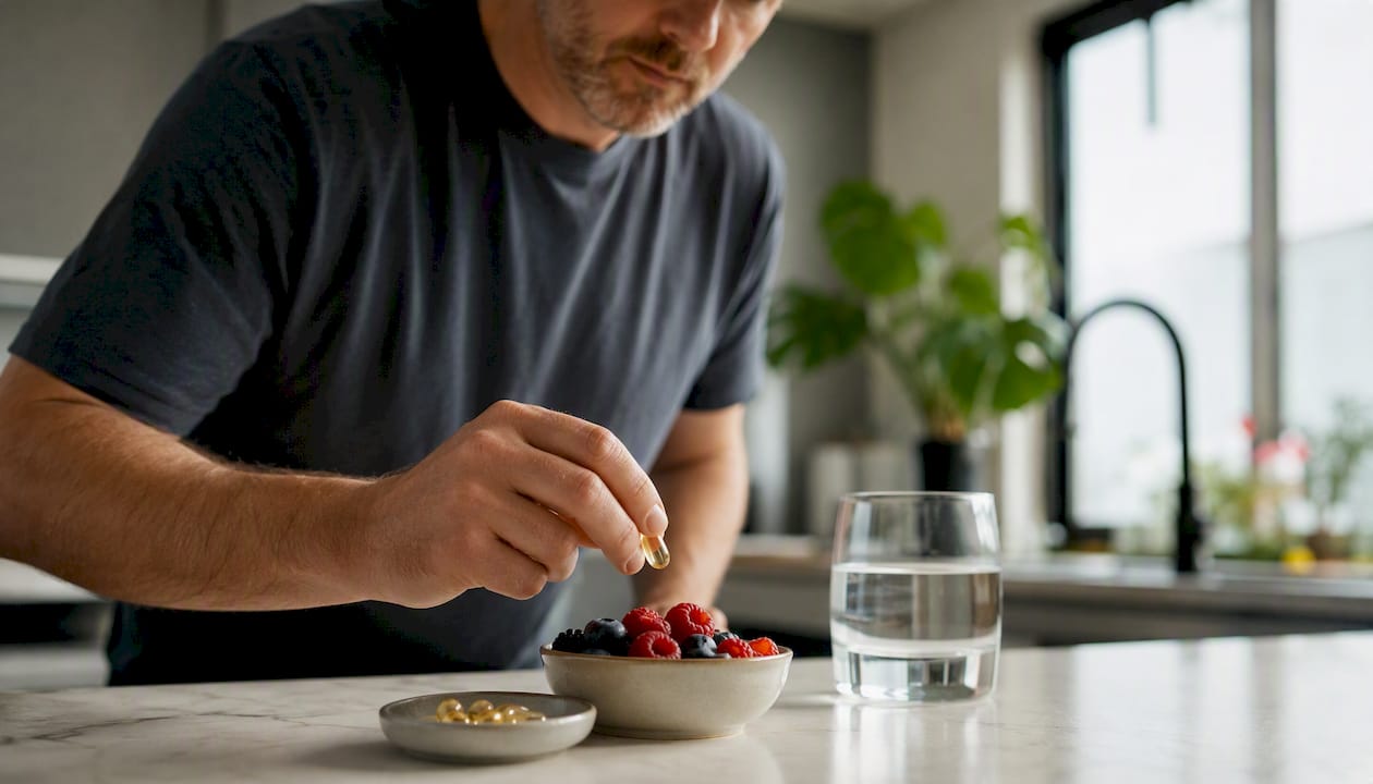 En moden voksen sidder med et glas vand i den ene hånd og vitaminpiller i den anden.