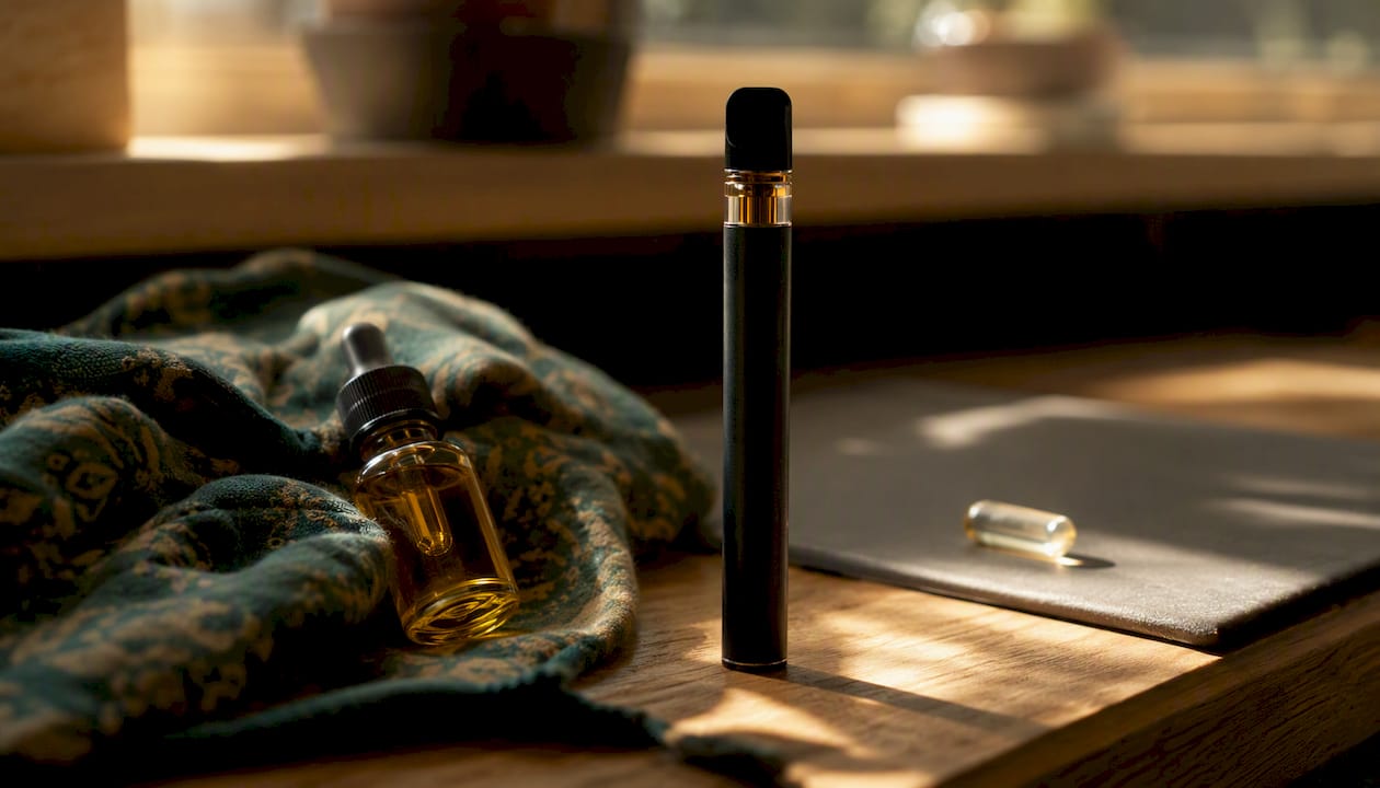 Vape-penna, CBD-olja på droppflaska och kapsel