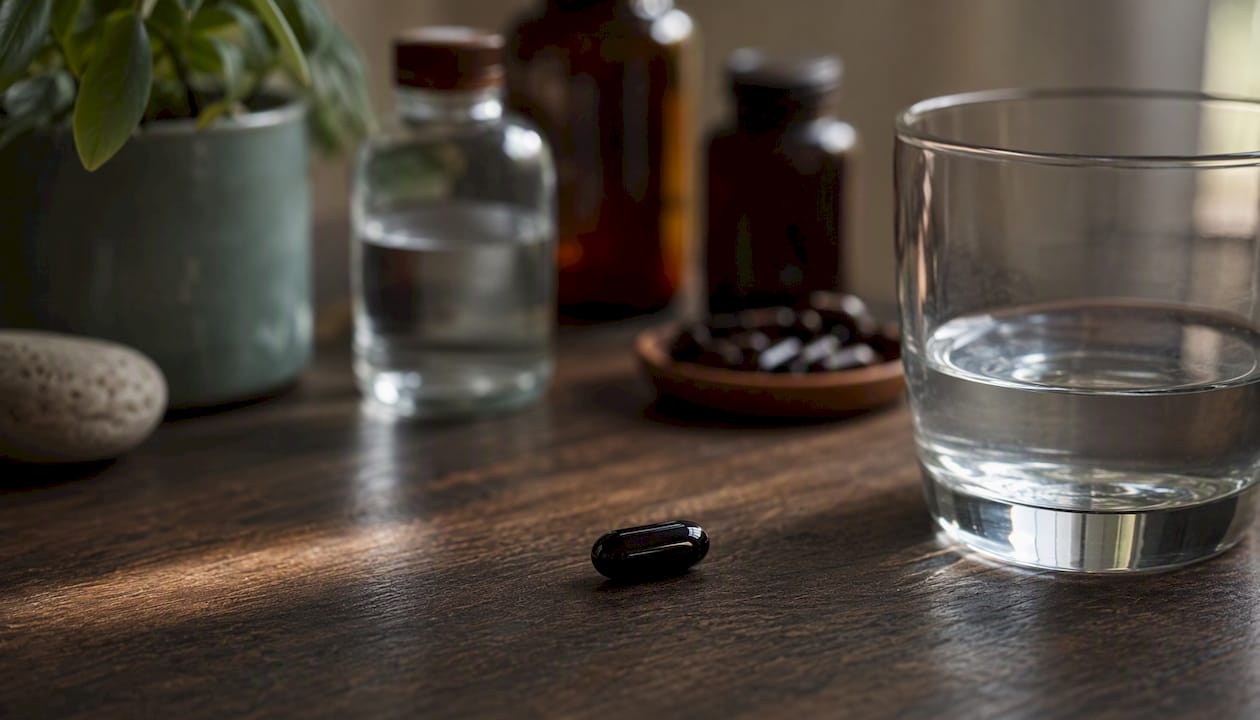 En burk med CBD-kapslar står placerad på bordet, med några kapslar utlagda bredvid.