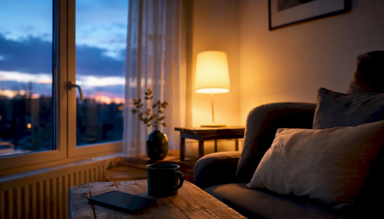Et aftenværelse, hvor det bløde lys fra dagen langsomt forsvinder, og en varm lampe spreder hygge i rummet.