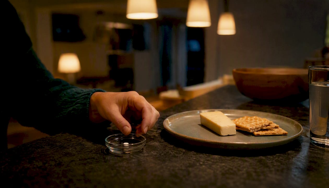 En melatonintablet og en let aftensnack ligger klar på bordet.