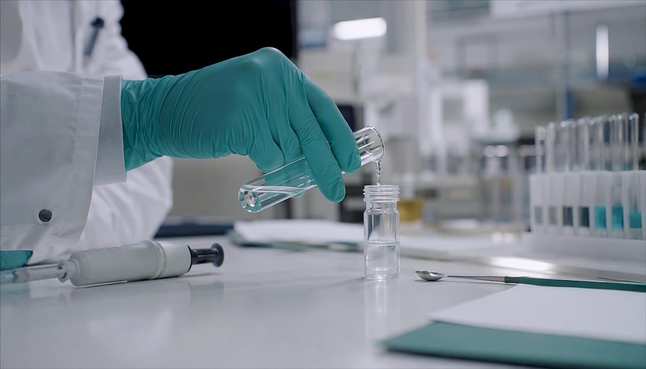 Hænder og reagensglas i medicinsk forskning