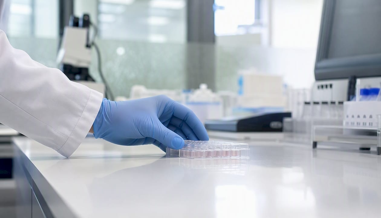 Mikroplader og laboratorieborde i forskningslaboratoriet