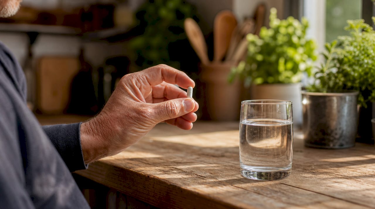 En hånd holder en NMN-kapsel sammen med et glas vand.