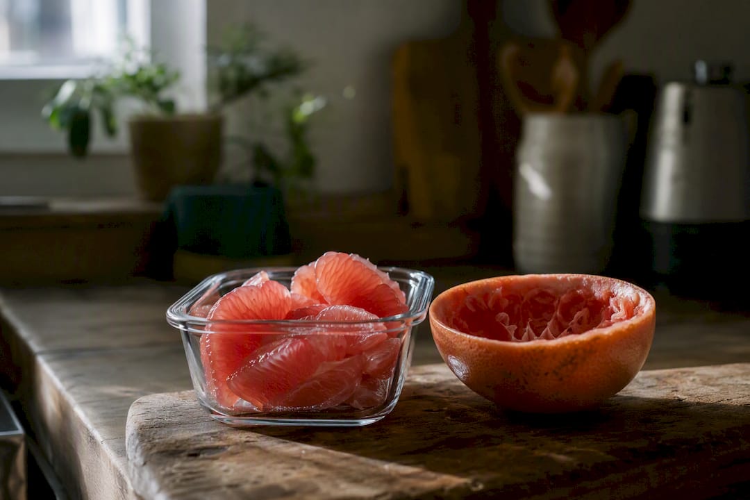 Färska grapefruktskivor upplagda på en vit bänkskiva