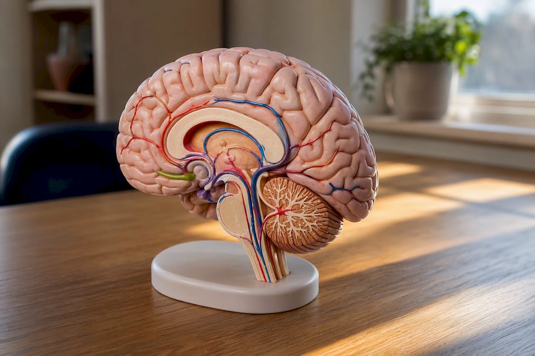 Detaljbild på en anatomisk hjärnmodell där signalsubstanser visas tydligt.