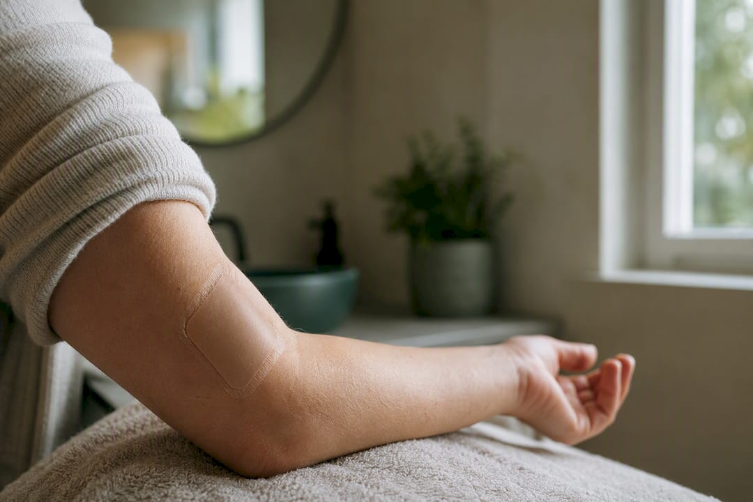 En arm med ett medicinskt cannabisplåster fäst på huden.