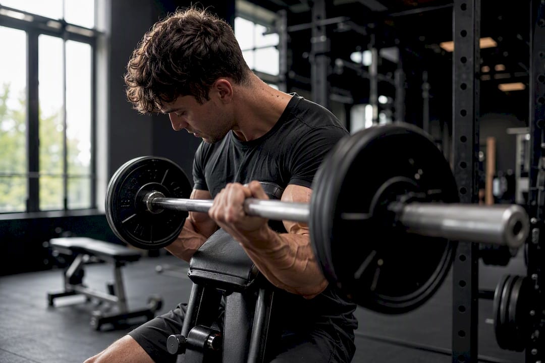 En person står i fitnesscenteret og holder fast i en vægtstang