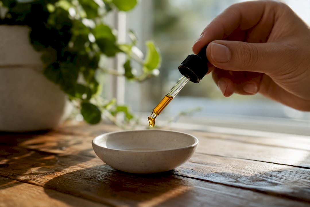 Nærbillede af en hånd, der doserer CBD olie med pipette.