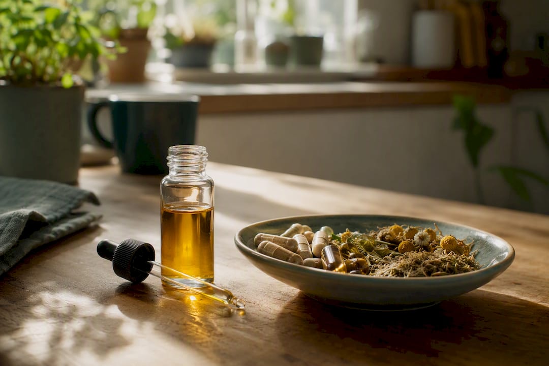 En flaska CBD-olja placerad på ett bord tillsammans med andra naturliga kosttillskott.