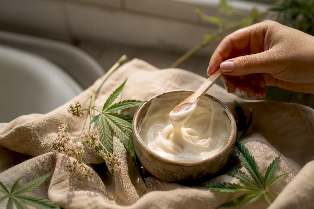 Naturlige hampblade og creme præsenteret på et stykke linned