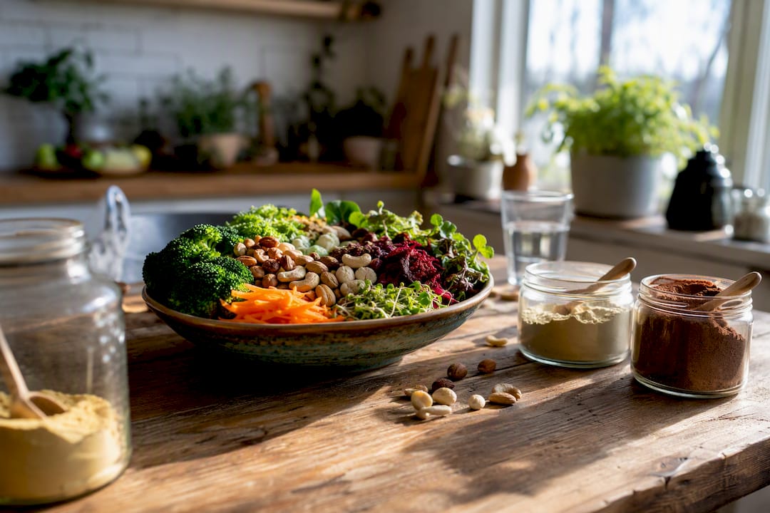 Sund og vitaminrig ret med sløret supplementflaske