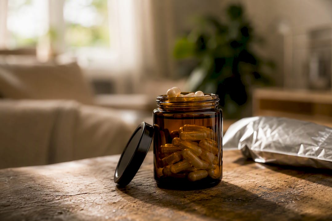 Flaske i ravfarvet glas og beskyttende emballage