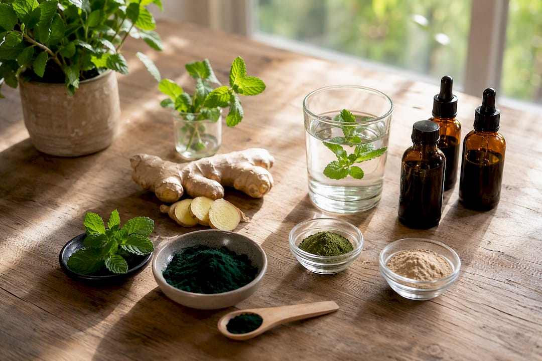 Ingredienser til vitamin- og urte kosttilskud på bordet