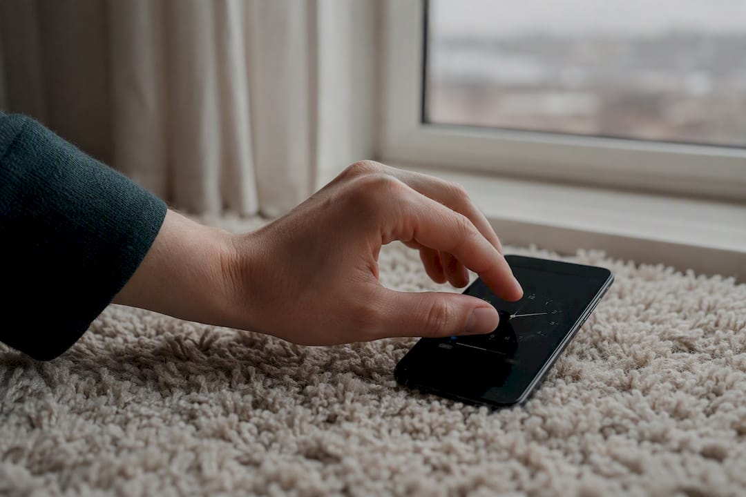 Hand som justerar klockan på mobilen till destinationens tid