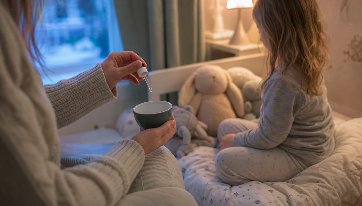 Forælder giver barn kosttilskud før sengetid