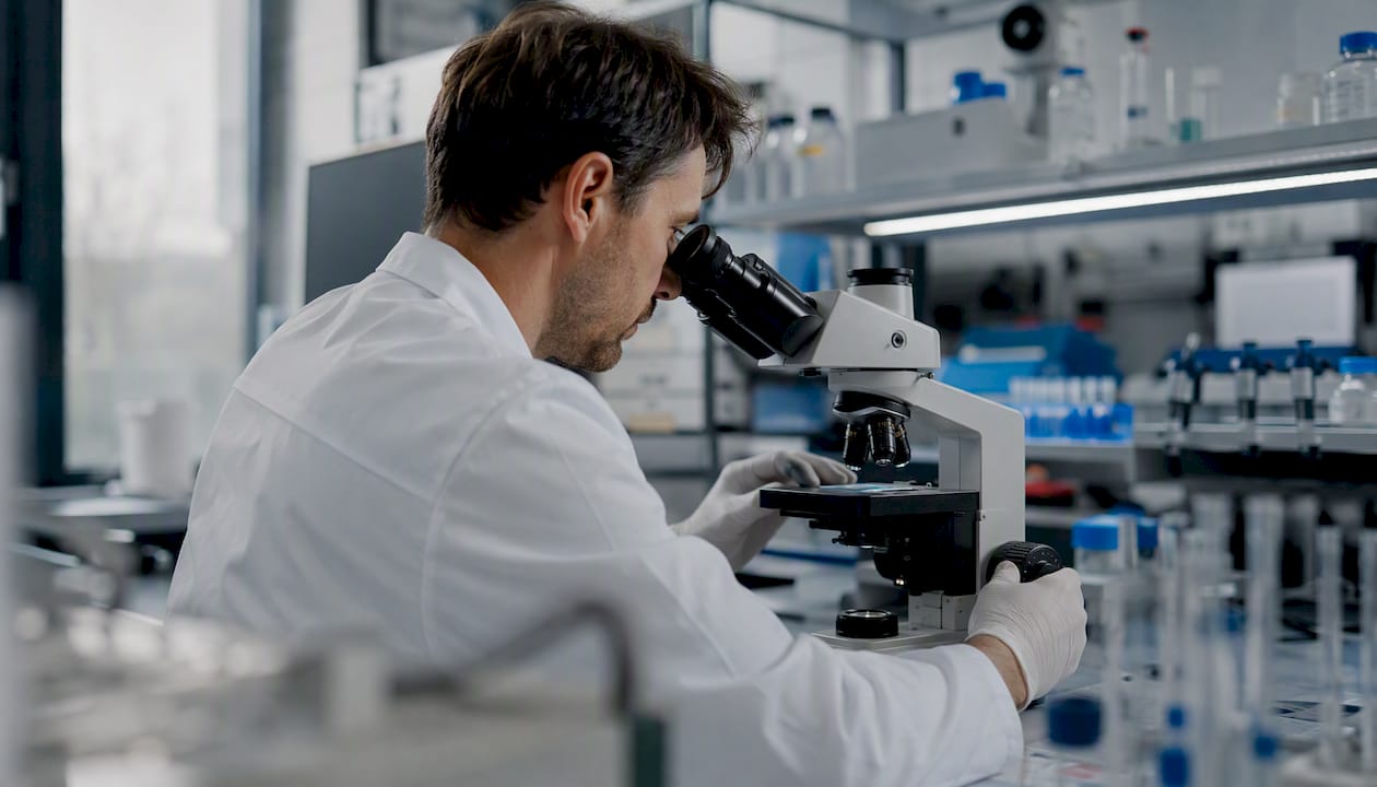 Mikroskop der fokuserer på nerveceller i laboratoriet