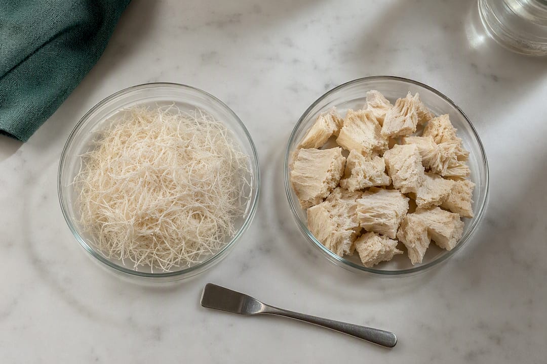 Mycelium och fruktkropp i glasskålar