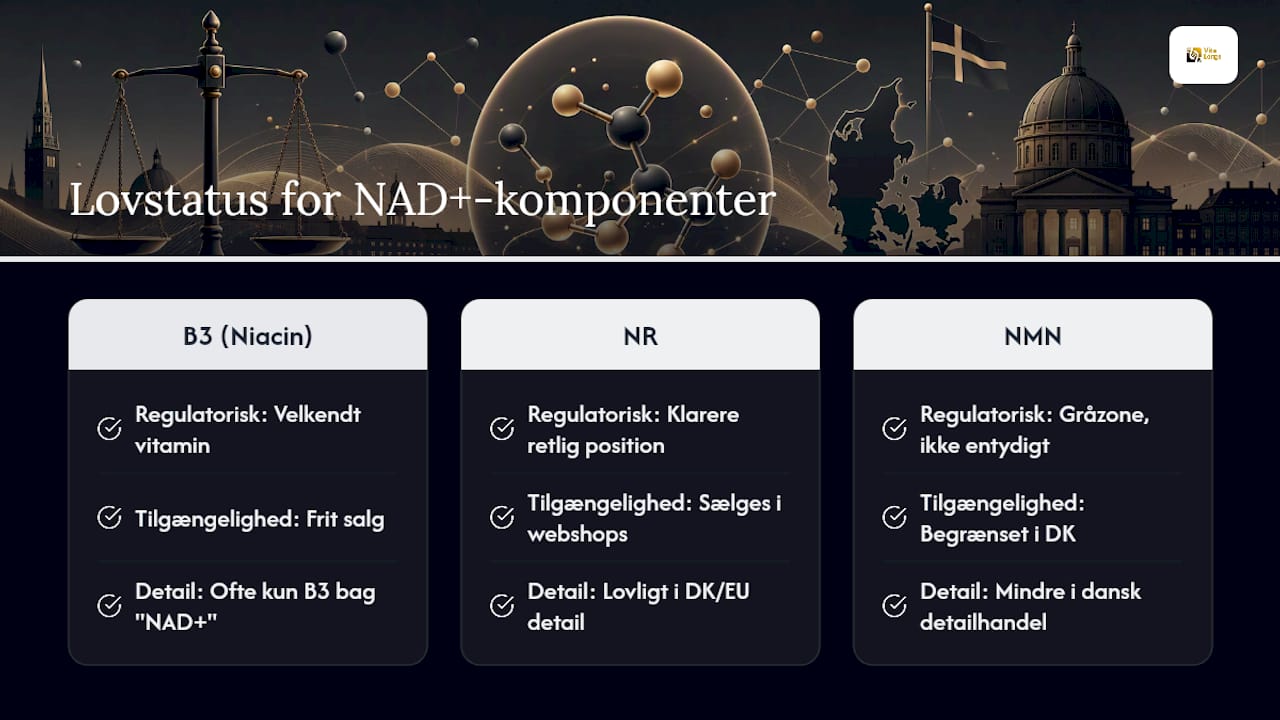 Er NAD+ tilskud lovlige og sikre i Danmark? — overview diagram