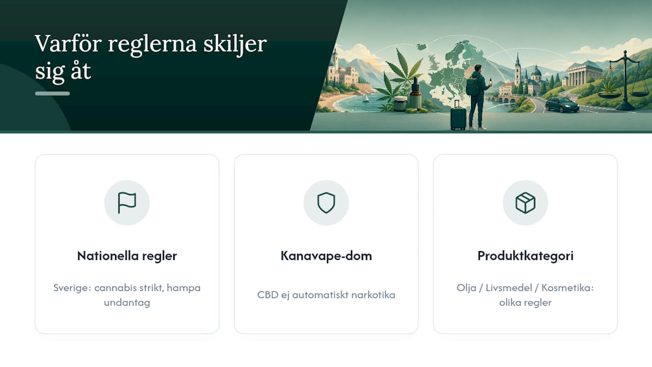 Resa med CBD inom EU: varför reglerna skiljer sig åt mellan länder — overview diagram