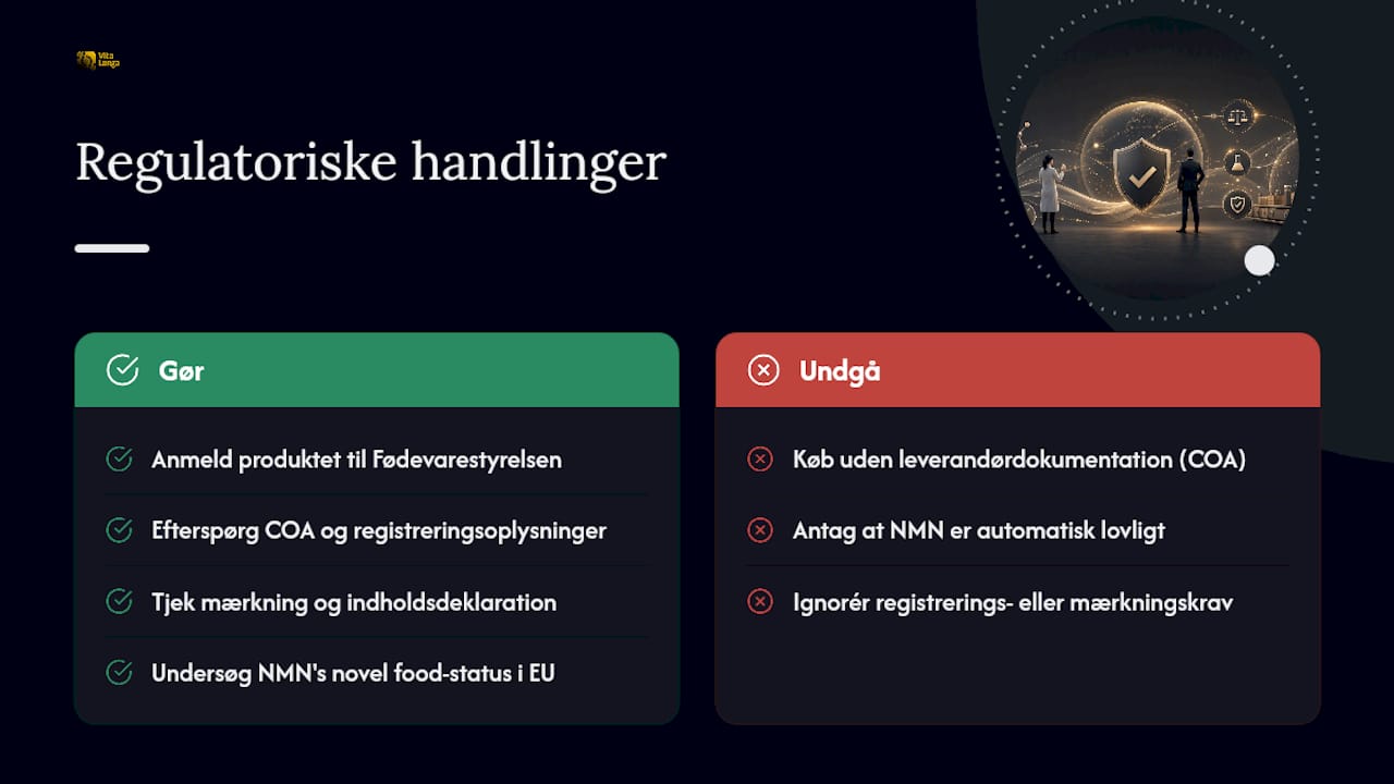 Regulatorisk status: hvad kræver Fødevarestyrelsen af NMN produkter — overview diagram