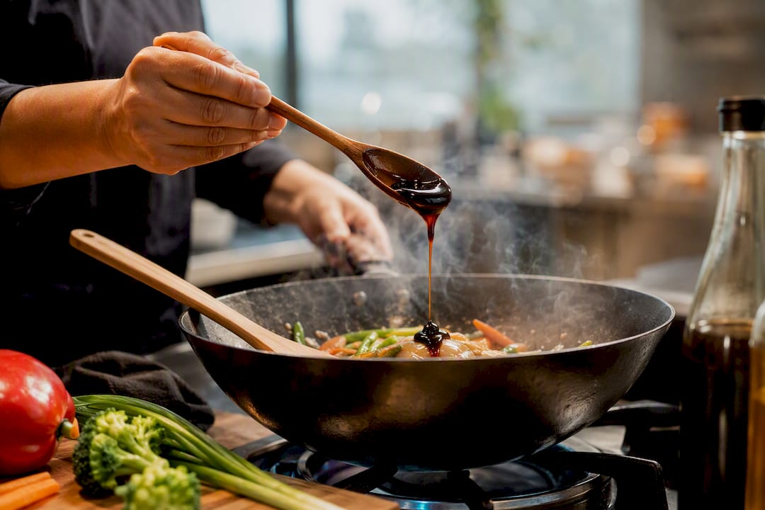 Sauce hældes i en rygende varm wok