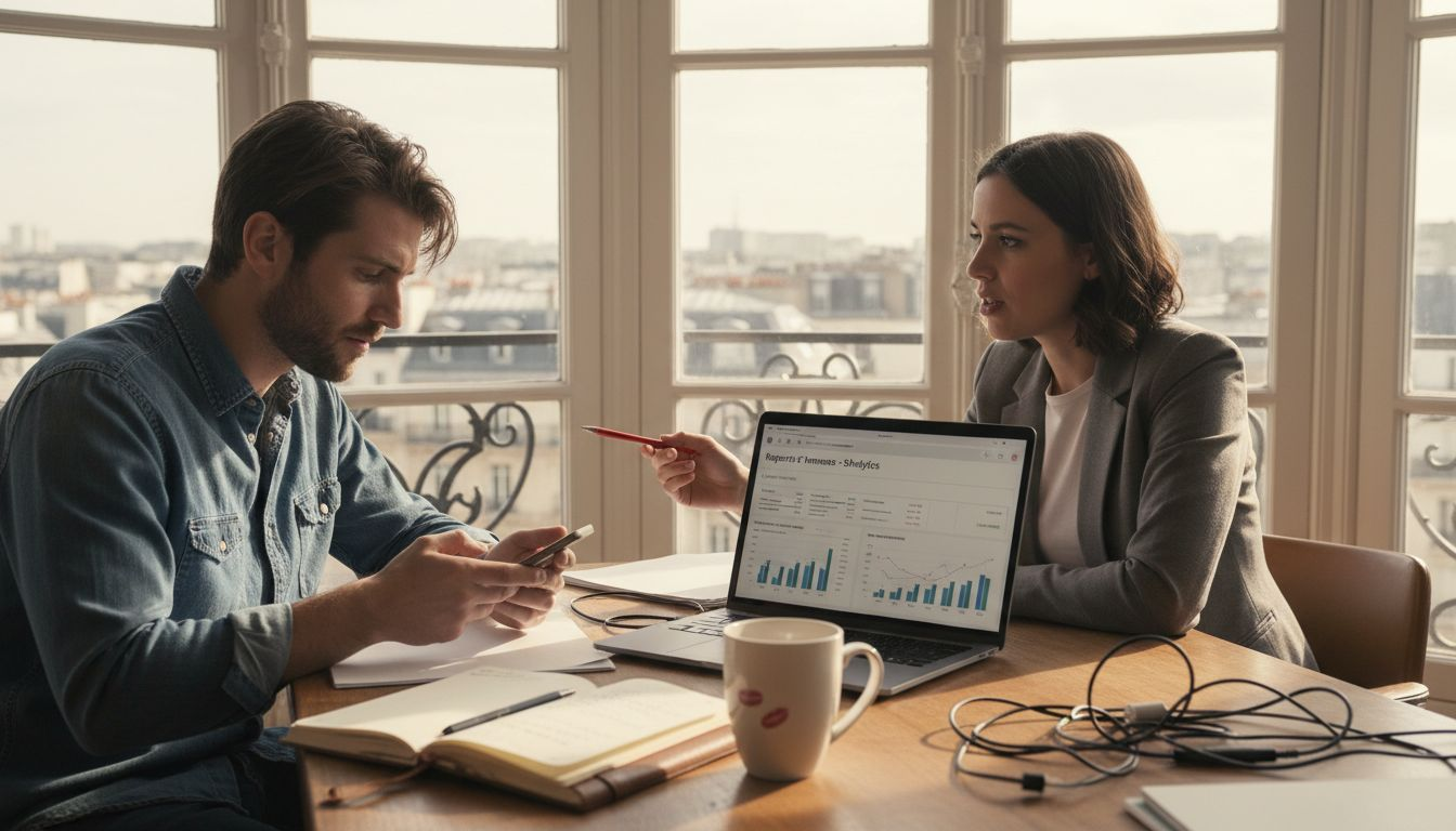 Un propriétaire de boutique Shopify échange avec un consultant marketing dans un bureau, pour discuter de nouvelles stratégies de développement.